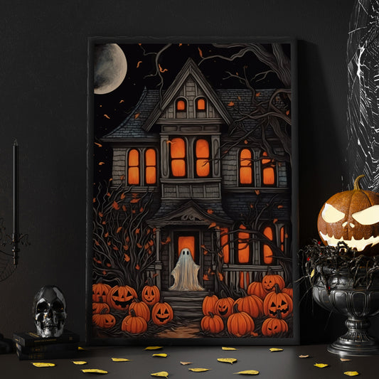 The Ghost In Haunting House Halloween Canvas Painting, Wall Art Decor - Dark Academia Pumpkin Ghost Halloween Poster Gift