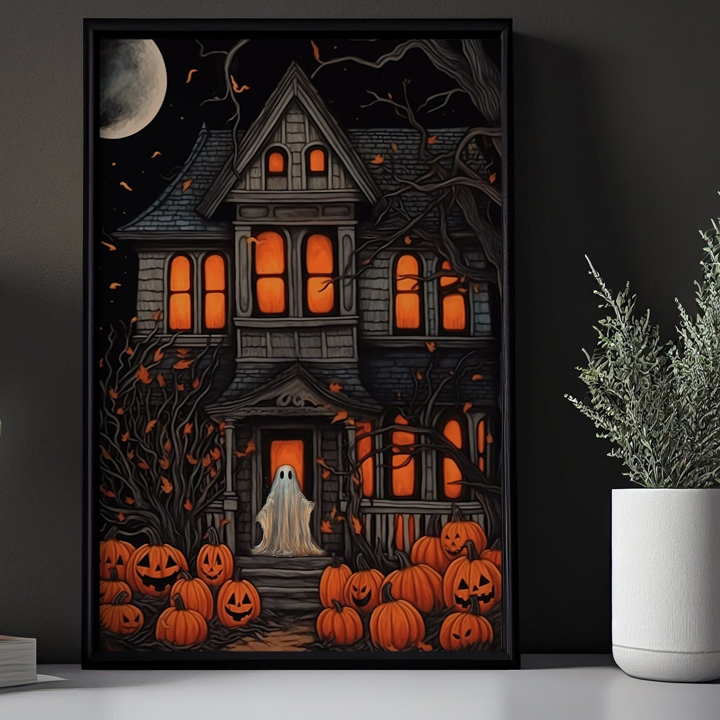 The Ghost In Haunting House Halloween Canvas Painting, Wall Art Decor - Dark Academia Pumpkin Ghost Halloween Poster Gift