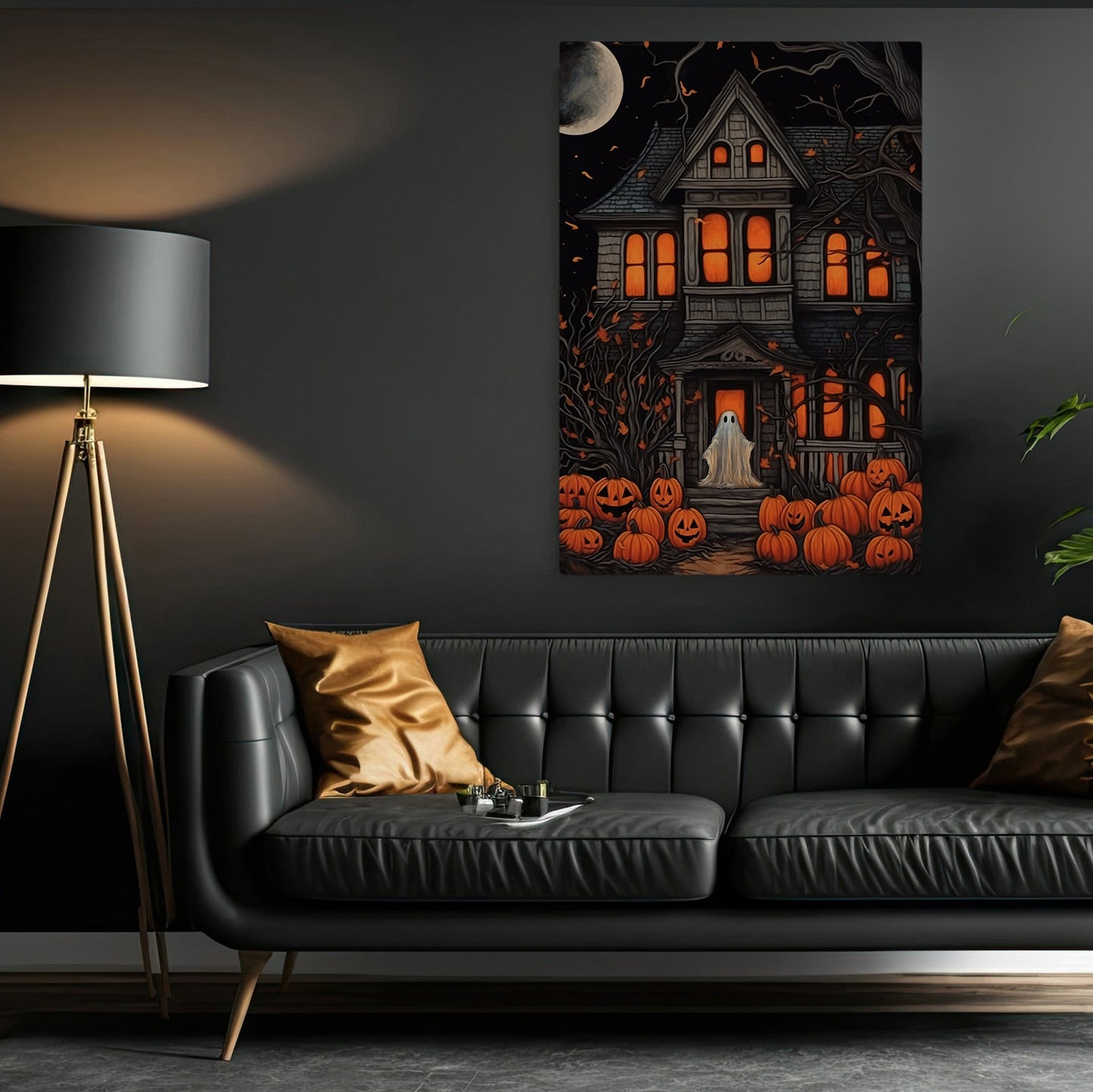 The Ghost In Haunting House Halloween Canvas Painting, Wall Art Decor - Dark Academia Pumpkin Ghost Halloween Poster Gift