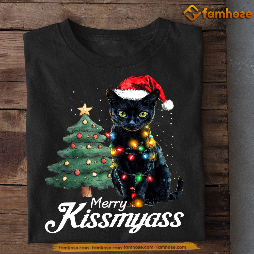 Funny Christmas Cat T-shirt, Merry Kissmyass, Xmas Gift For Black Cat Lovers, Cat Owners Tee