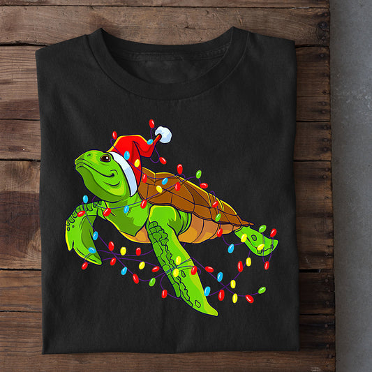 Turtle Christmas T-shirt, Christmas Turtle Wrapped in Festive Lights, Gift For Turtle Lovers, Sea Turtle Lovers, Turtle Tees