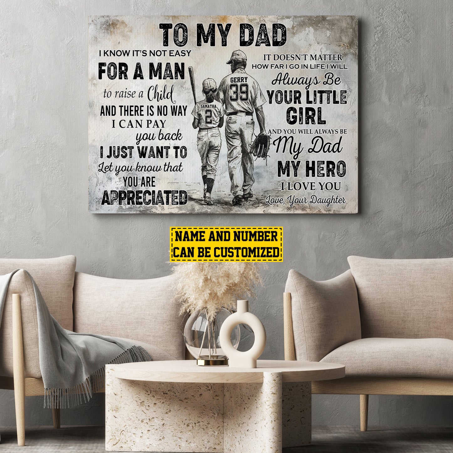 To My Dad Your Little Girl I Love You, Personalized Motivational Softball Girl Canvas Painting, Inspirational Quotes Softball Wall Art Decor, Fathers Day Poster Gift For Dad From Daughter