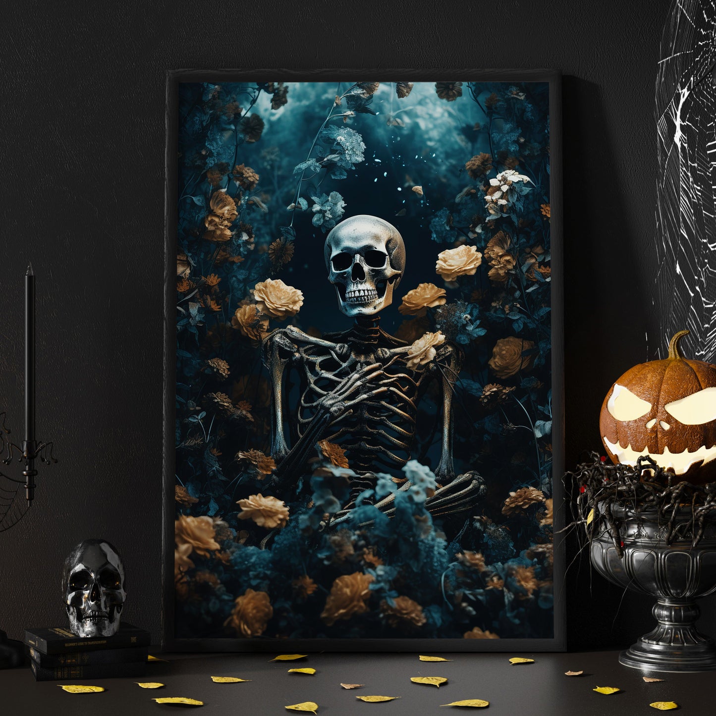 The Skeleton Deep In Flowers Halloween Canvas Painting, Wall Art Decor - Dark Surreal Skull Halloween Poster Gift