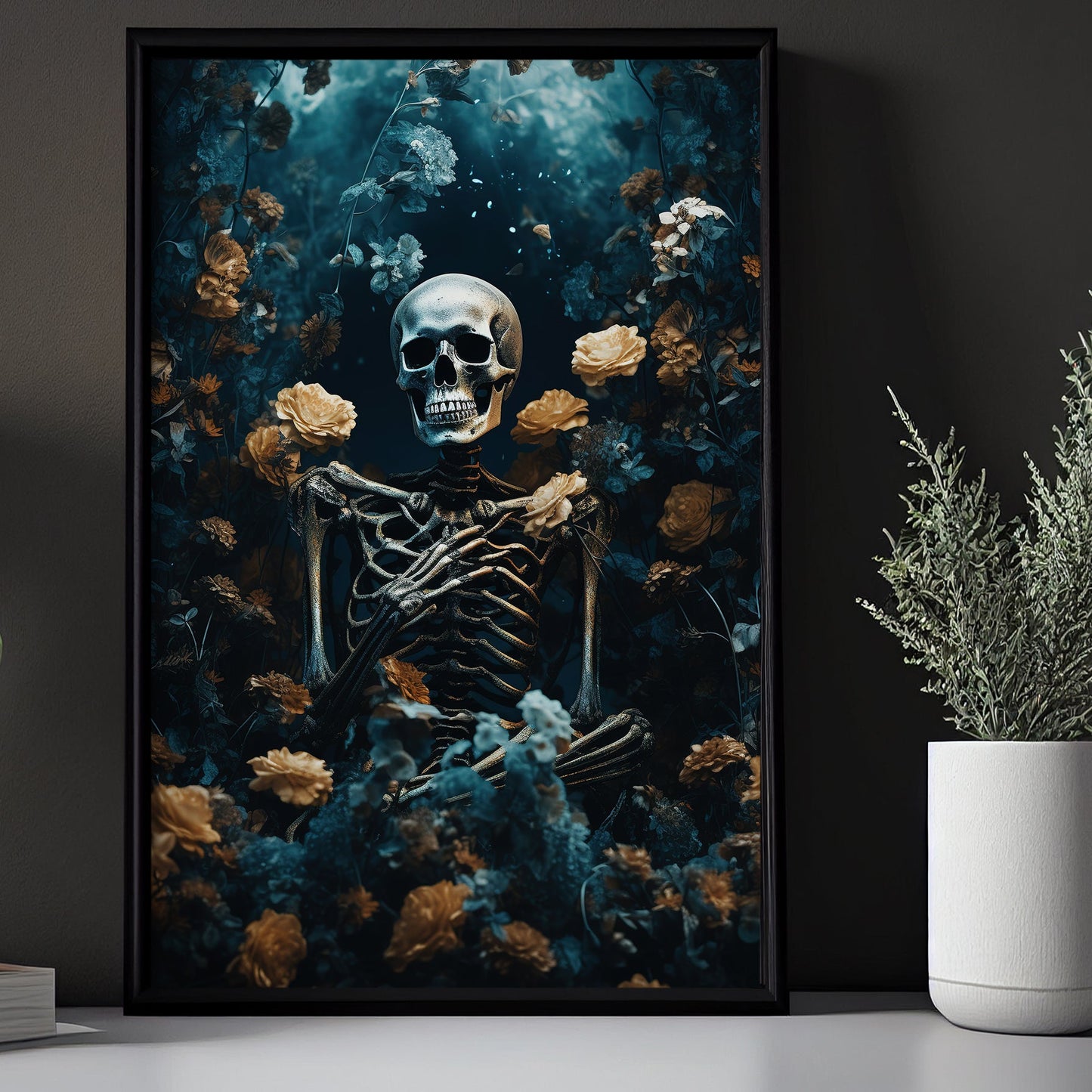 The Skeleton Deep In Flowers Halloween Canvas Painting, Wall Art Decor - Dark Surreal Skull Halloween Poster Gift