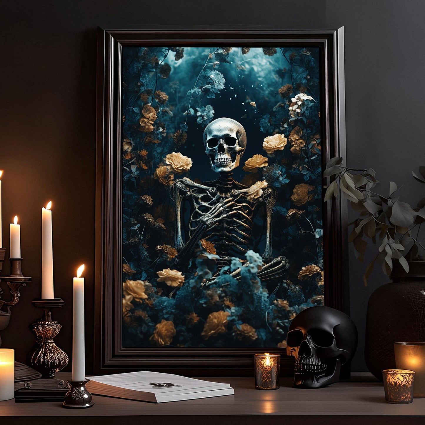 The Skeleton Deep In Flowers Halloween Canvas Painting, Wall Art Decor - Dark Surreal Skull Halloween Poster Gift