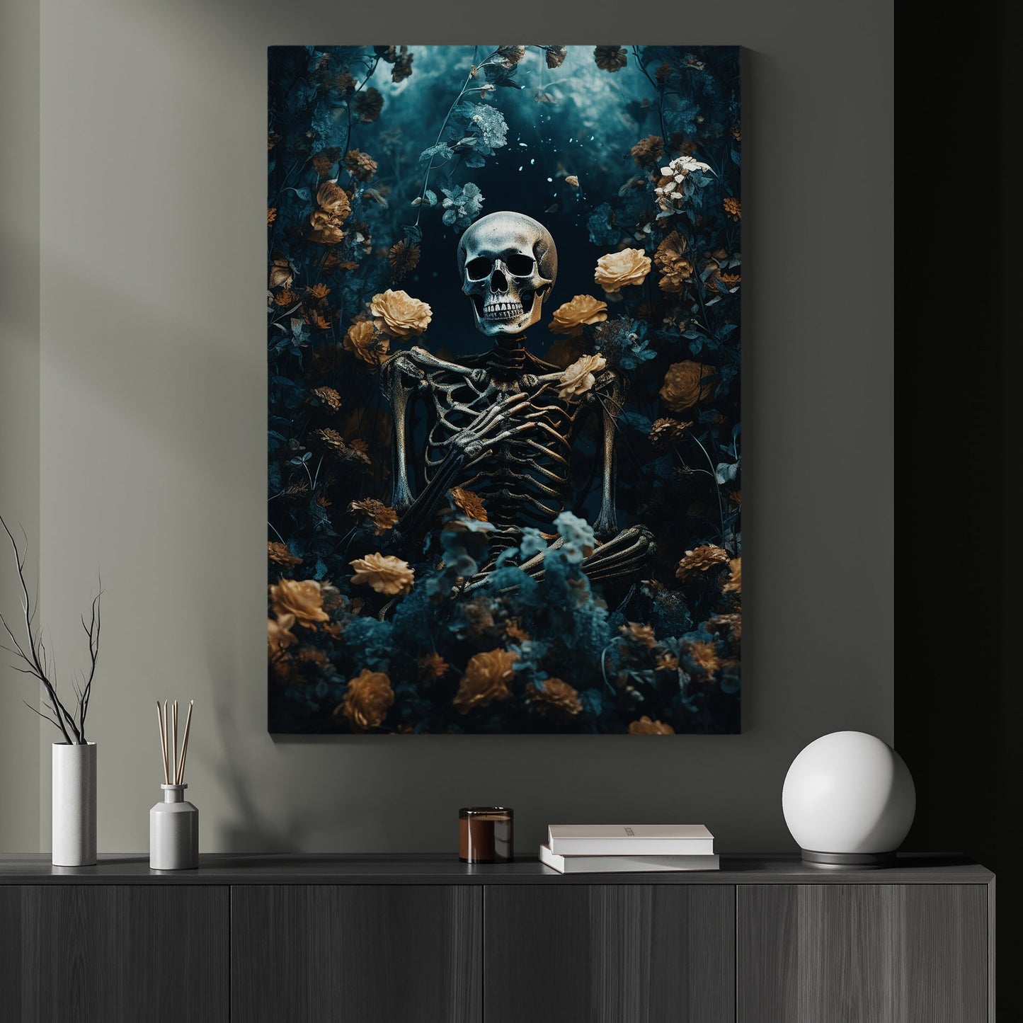 The Skeleton Deep In Flowers Halloween Canvas Painting, Wall Art Decor - Dark Surreal Skull Halloween Poster Gift