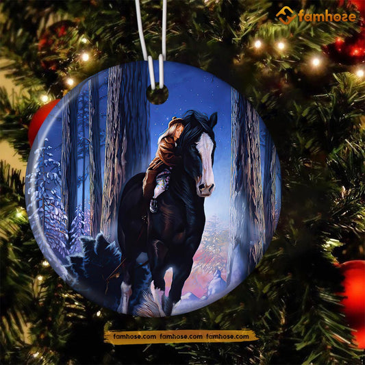 Christmas Horse Ornament, Horse Girl On The Horse In The Forest Horse Lovers, Circle Ceramic Ornament