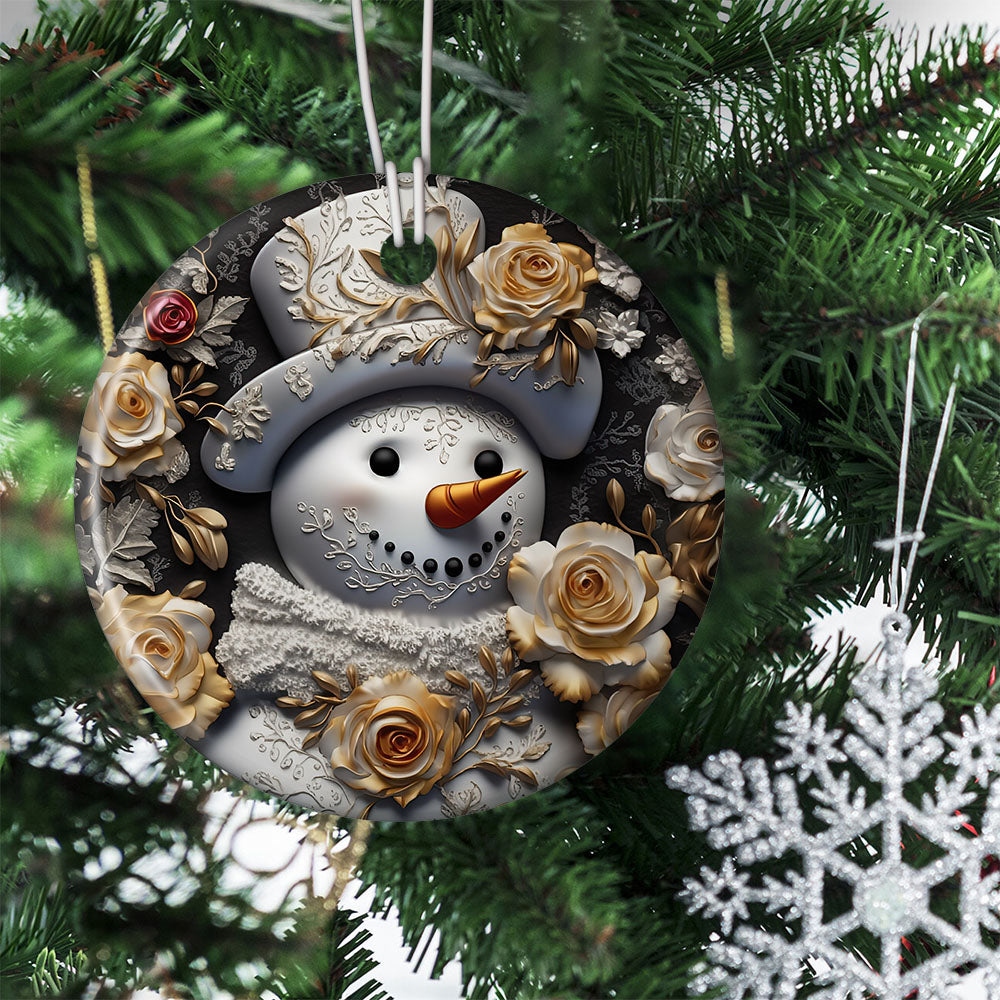 Elegant Snowman Amidst Golden Roses, Snowman Circle Ceramic Ornament Christmas Gift For Rose Lovers