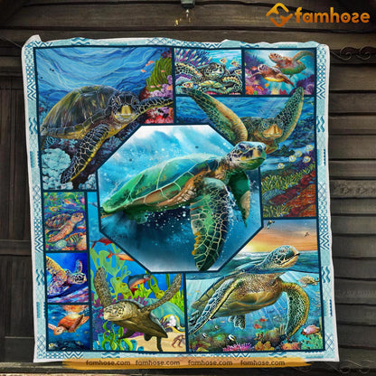 Cool Turtle Blanket, Cool Turtle Pattern In The Sea Fleece Blanket - Sherpa Blanket Gift For Turtle Lover, Turtle Owners