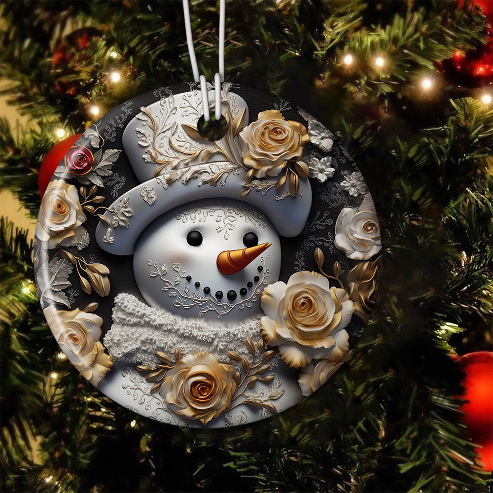 Elegant Snowman Amidst Golden Roses, Snowman Circle Ceramic Ornament Christmas Gift For Rose Lovers