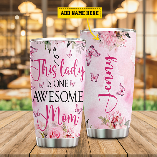 Personalized Butterfly Tumbler, This Lady Is One Awesome Mom, Sunflower Butterfly Stainless Steel Tumbler, Tumbler Gifts For Butterfly Lovers