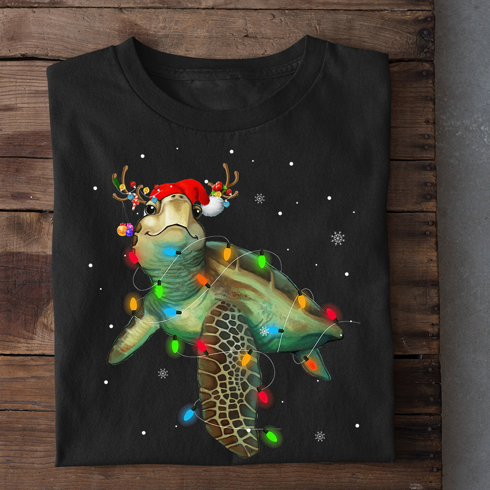 Turtle Christmas T-shirt, Sea Turtle with Reindeer Antlers and Festive Lights, Gift For Turtle Lovers, Sea Turtle Lovers, Turtle Tees