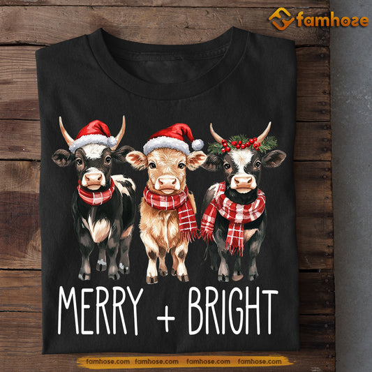 Funny Christmas Cow T-shirt, Merry Bright, Xmas Gift For Cow Lovers, Farmer Tee