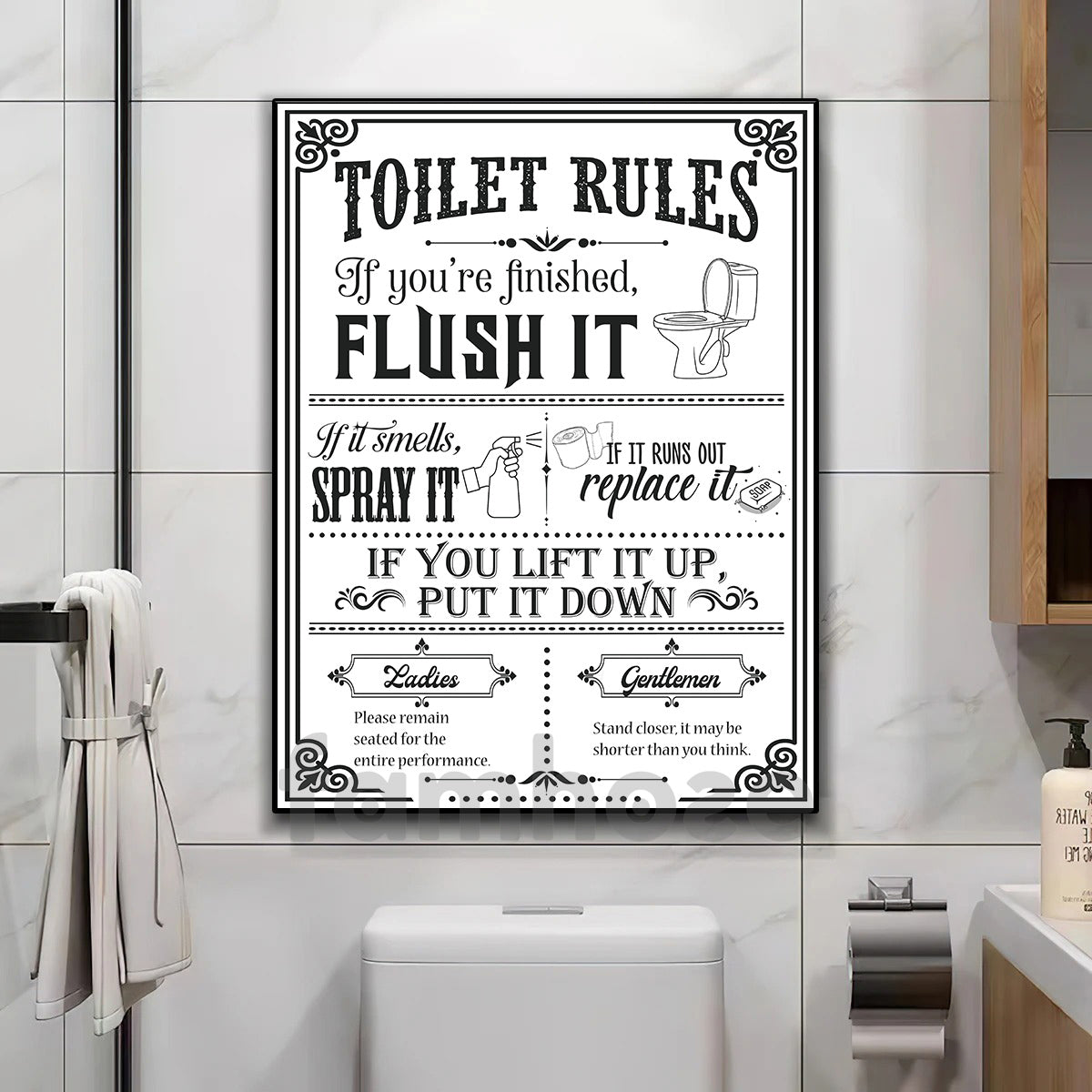 Funny Toilet Canvas Painting, Toilet Rules Bathroom Wall Art Decor, Restroom Poster Gift