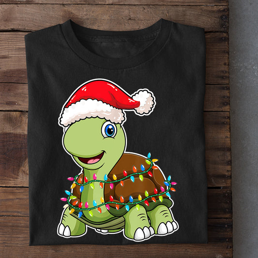 Turtle Christmas T-shirt, Cheerful Turtle in Santa Hat and Colorful Lights, Gift For Turtle Lovers, Sea Turtle Lovers, Turtle Tees