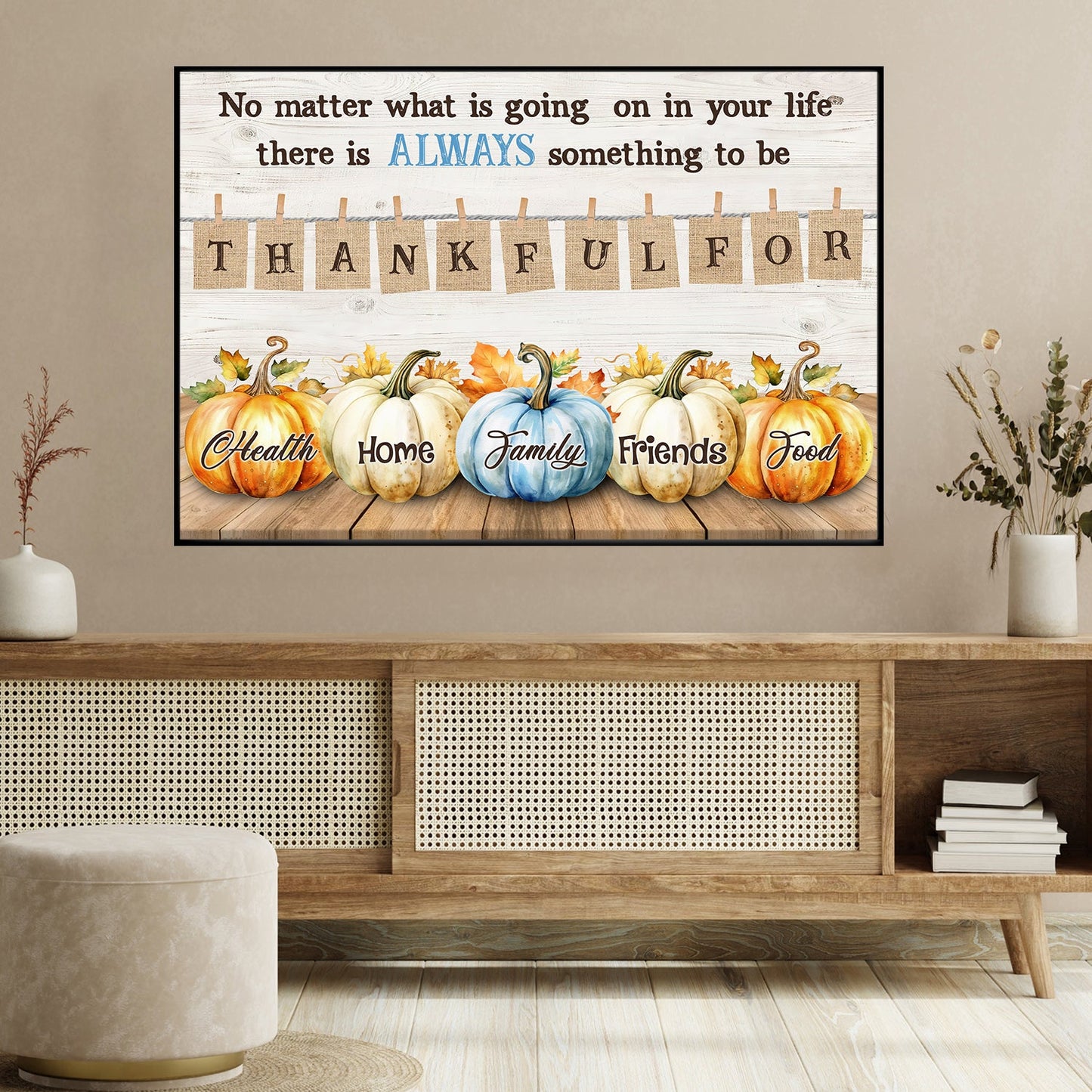 No Matter What Is Going On Thankful Thanksgiving Canvas Painting, Wall Art Decor - Pumpkins With Quote Inside Thanksgiving Poster Gift