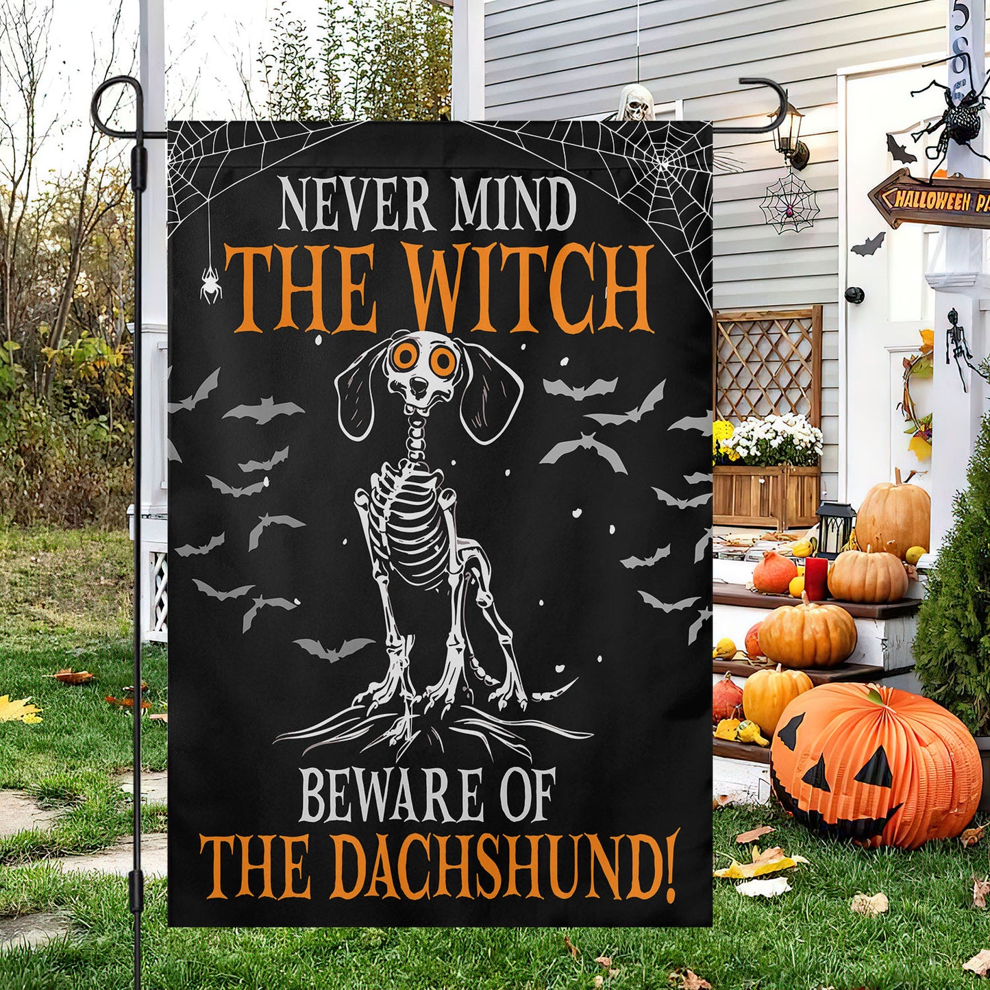 Halloween Dachshund Garden Flag & House Flag, Beware Of The Dachshund Spooky Season Outdoor Decor, Yard Decor Gift For Dog Lovers