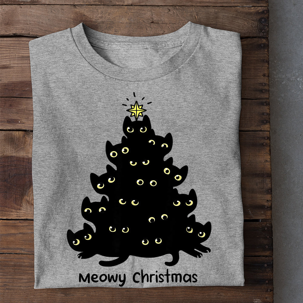 Black Cat Christmas T-shirt, Meowy Christmas Cat Tree, Gift For Cat Lovers, Cat Tees, Cat Owners