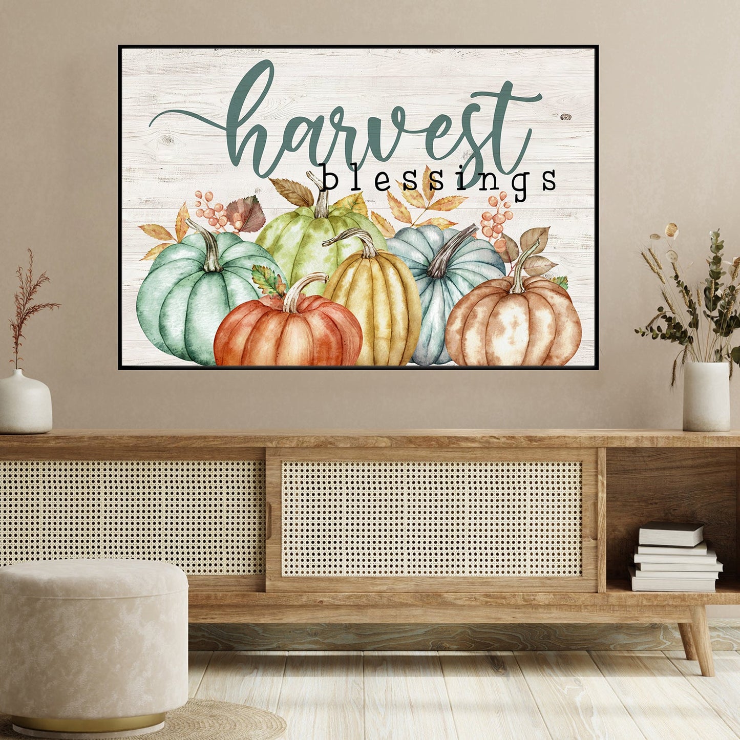 Harvest Blessings Thanksgiving Canvas Painting, Wall Art Decor - Many Color Pumpkins Thanksgiving Poster Gift