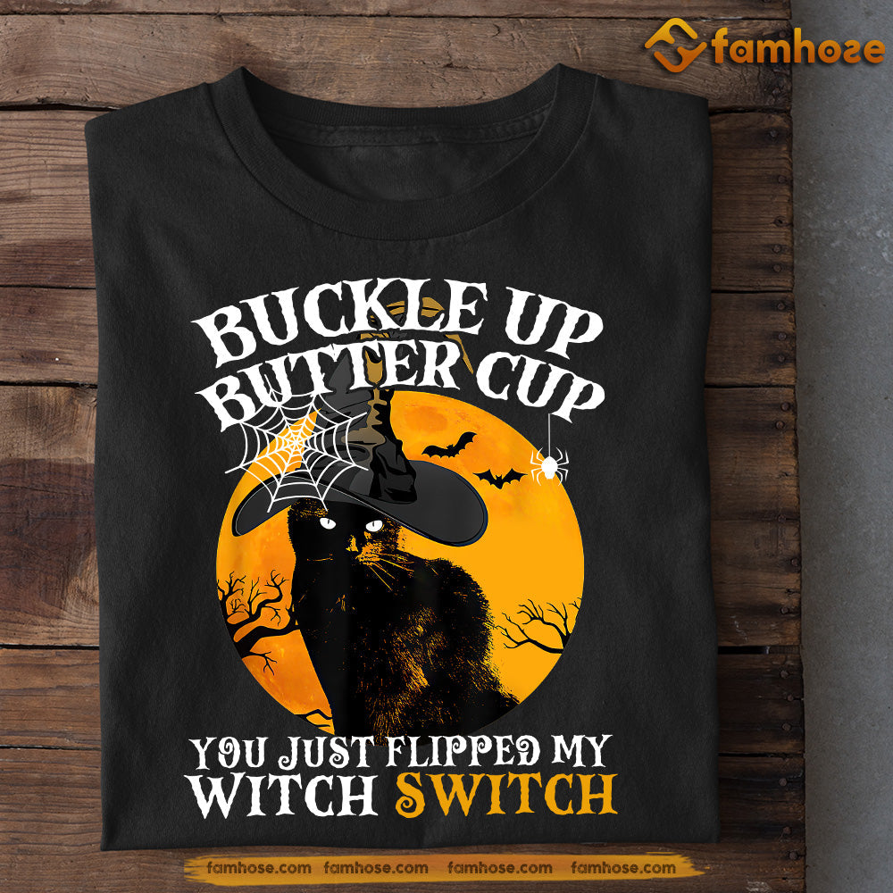 Halloween Black Cat T-shirt, Buckle Up Buttercup Cat Witch Hat, Gift For Cat Lovers, Cat Tees, Cat Owners