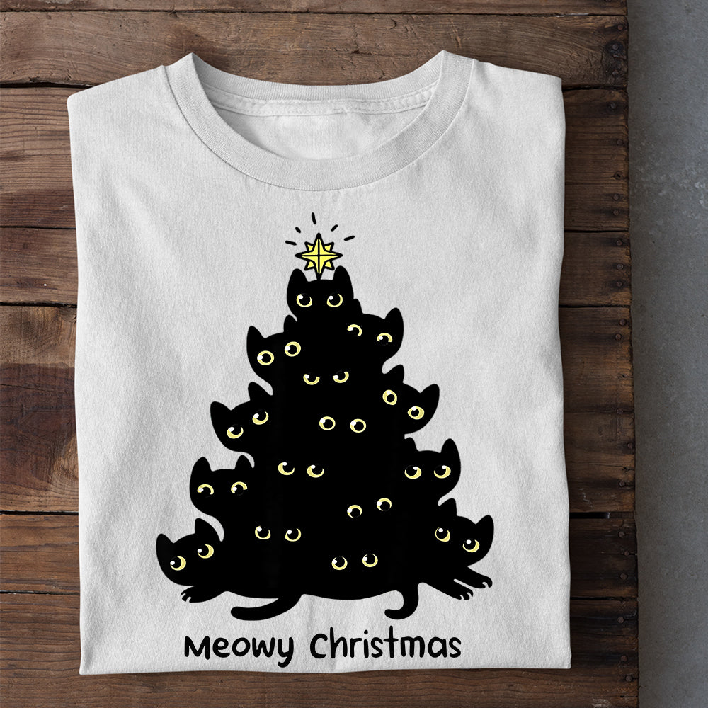 Black Cat Christmas T-shirt, Meowy Christmas Cat Tree, Gift For Cat Lovers, Cat Tees, Cat Owners