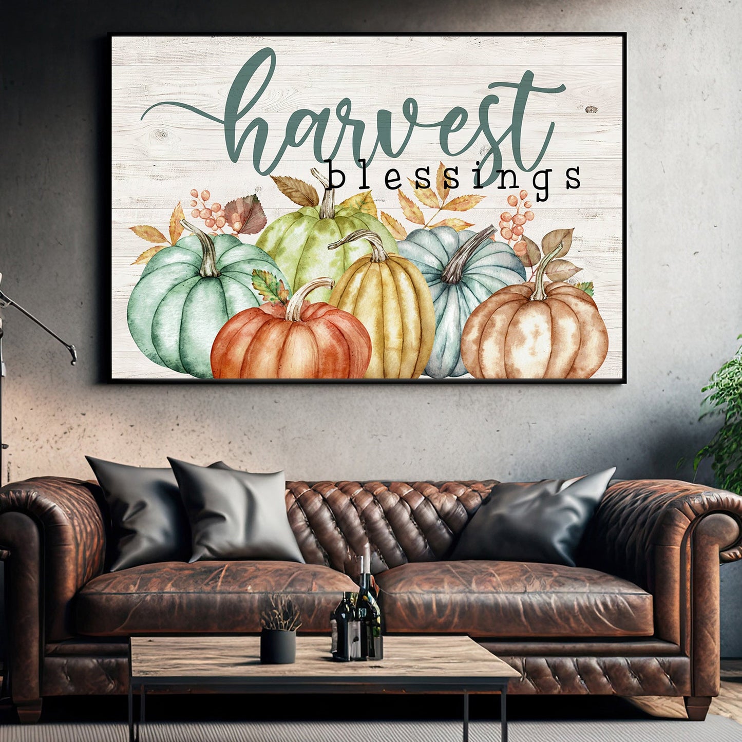 Harvest Blessings Thanksgiving Canvas Painting, Wall Art Decor - Many Color Pumpkins Thanksgiving Poster Gift