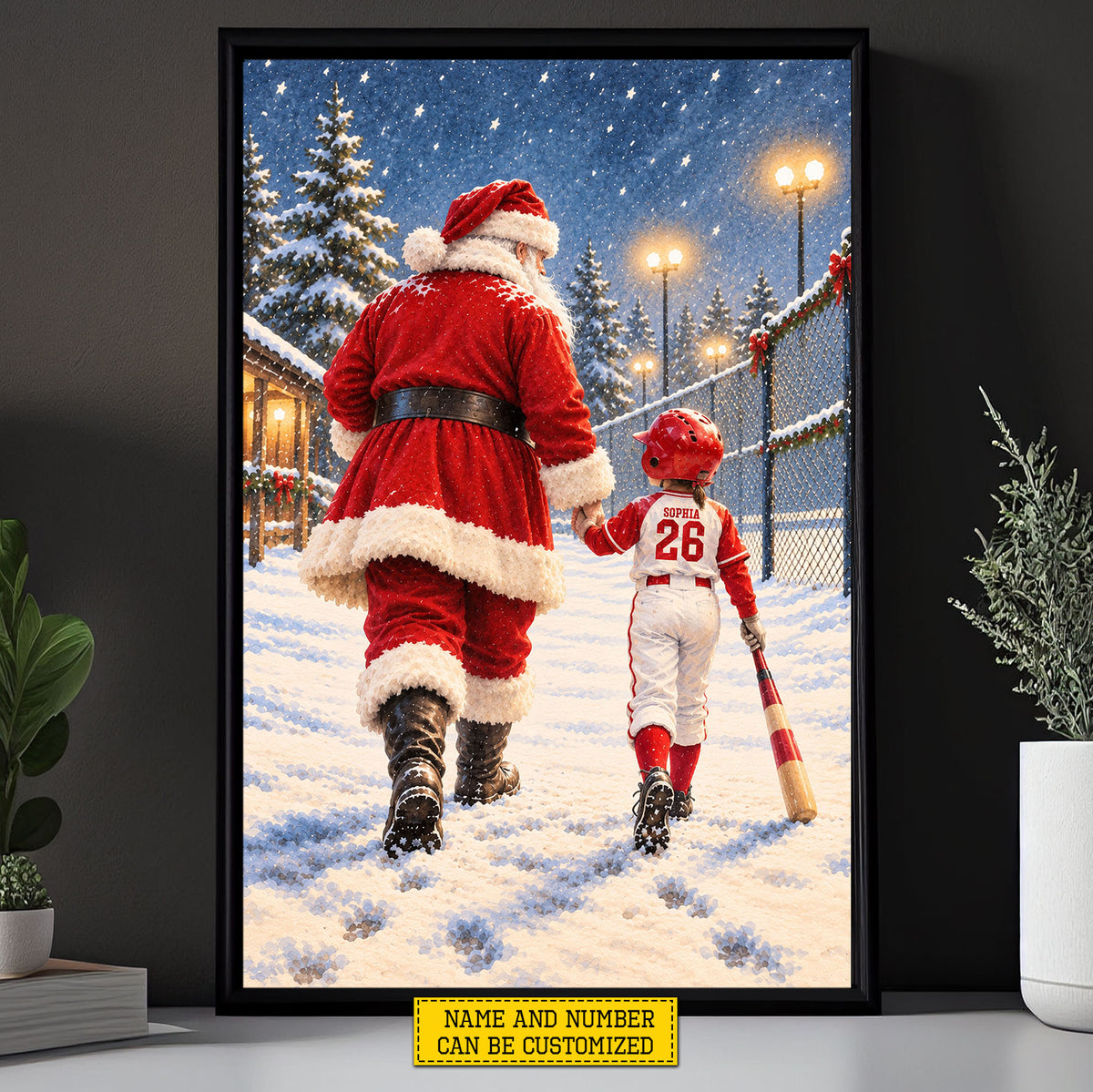 Personalized Christmas Santa and Softball Girl Canvas Painting, Santa's Little Softball Star Wall Art Decor, Xmas Poster Gift For Softball Lover