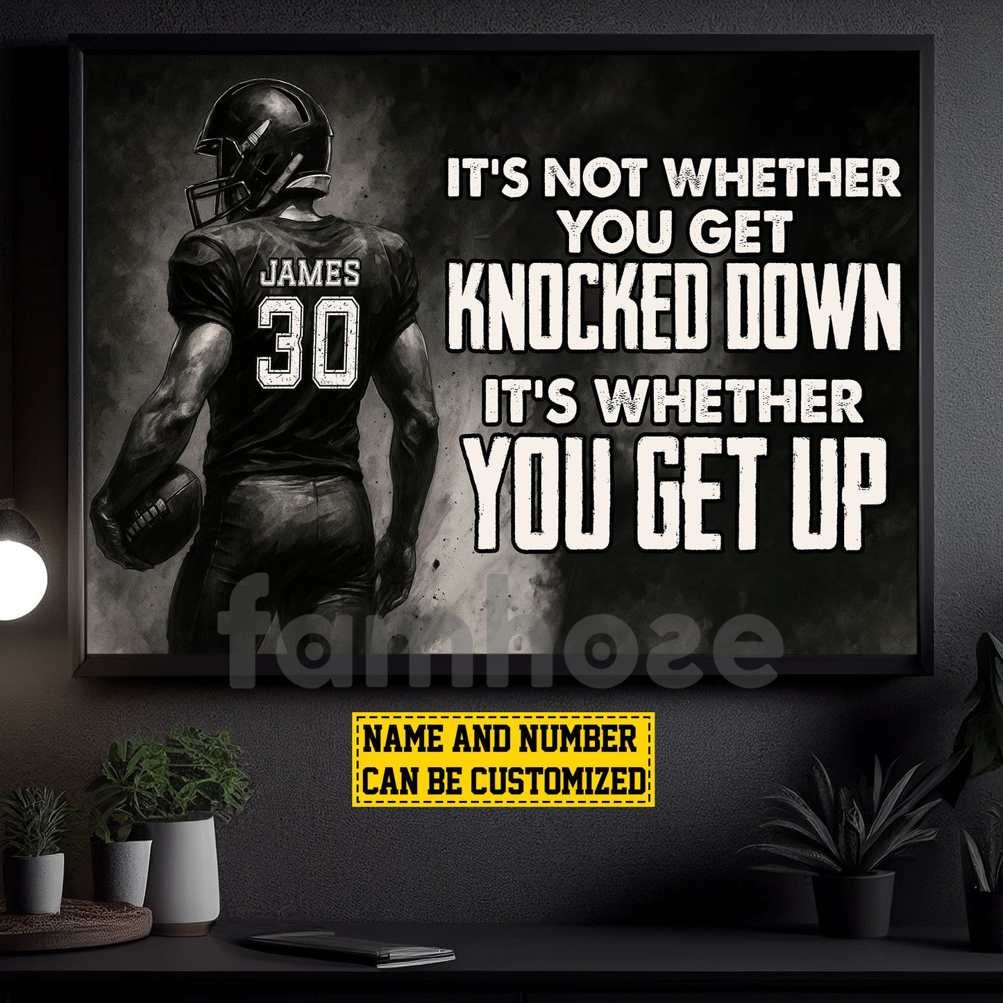 Motivational Personalized Football Man Canvas Painting, It's Not Whether You Get Knocked Down Sport Wall Art Decor, Poster Gift For Football Lovers