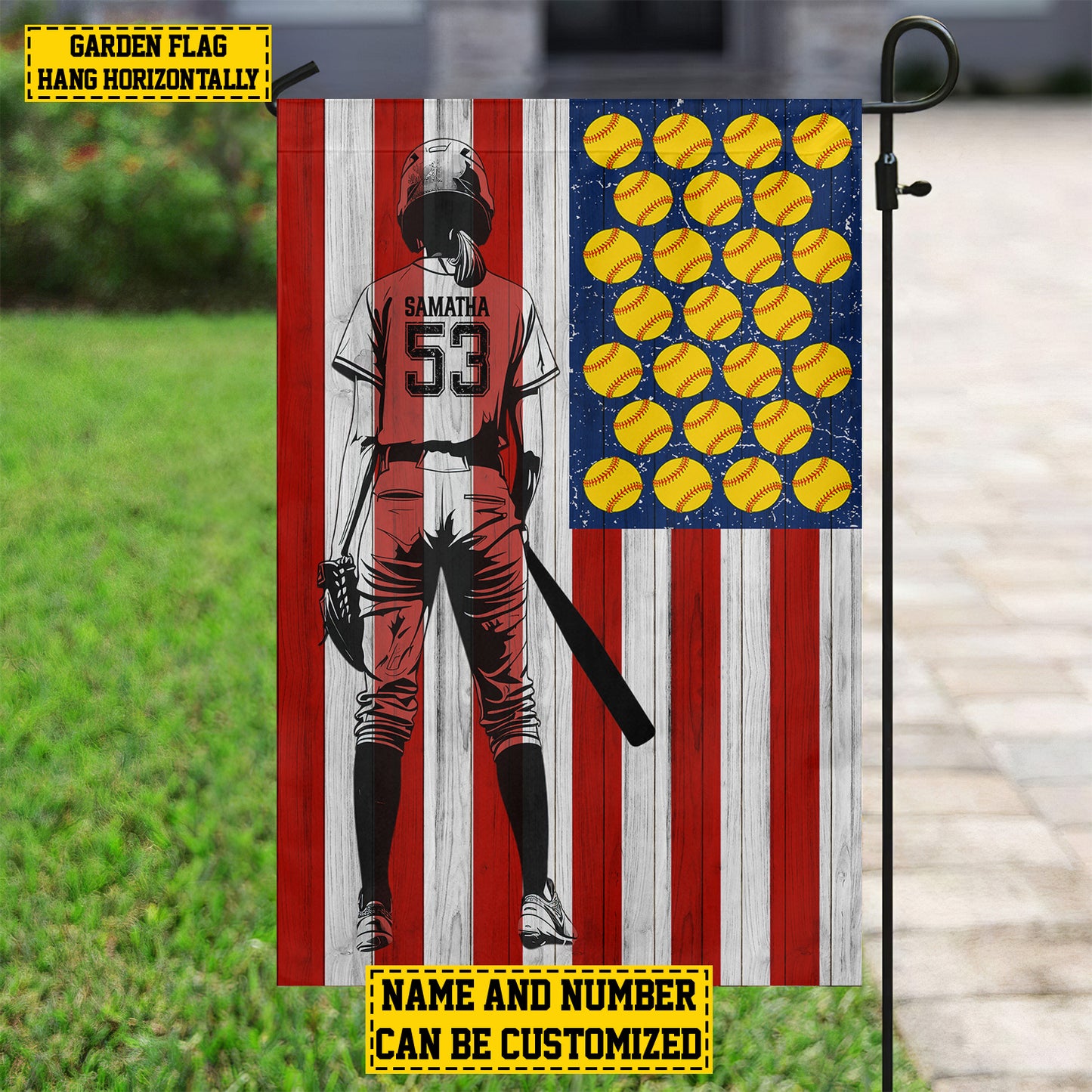 Personalized July 4th Softball Girl American Garden Flag House Flag, Independence Day Patriotic Softball USA Yard Flag, Gift For Softball Lovers