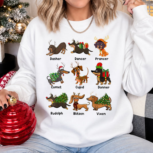 Christmas Dachshund Dog Sweatshirt, Dasher Dancer Wiener Dog Crewneck Sweatshirt Xmas Gift For Dog Lovers