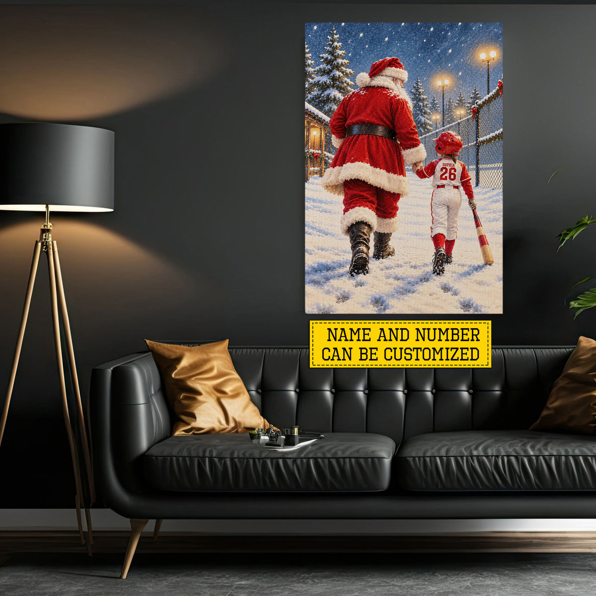 Personalized Christmas Santa and Softball Girl Canvas Painting, Santa's Little Softball Star Wall Art Decor, Xmas Poster Gift For Softball Lover