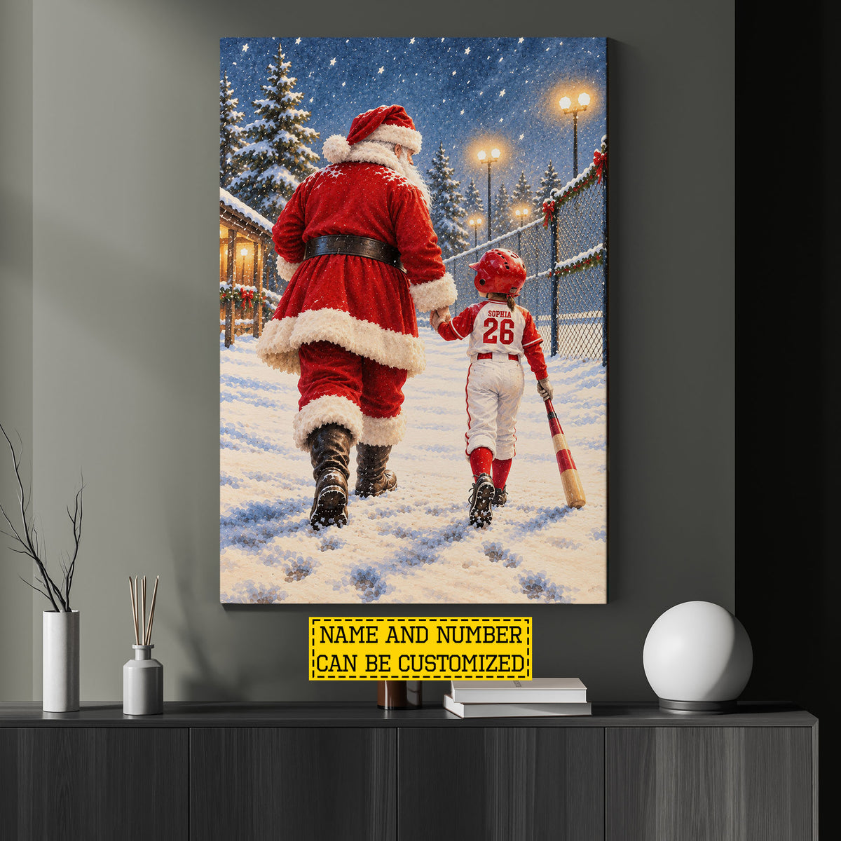 Personalized Christmas Santa and Softball Girl Canvas Painting, Santa's Little Softball Star Wall Art Decor, Xmas Poster Gift For Softball Lover