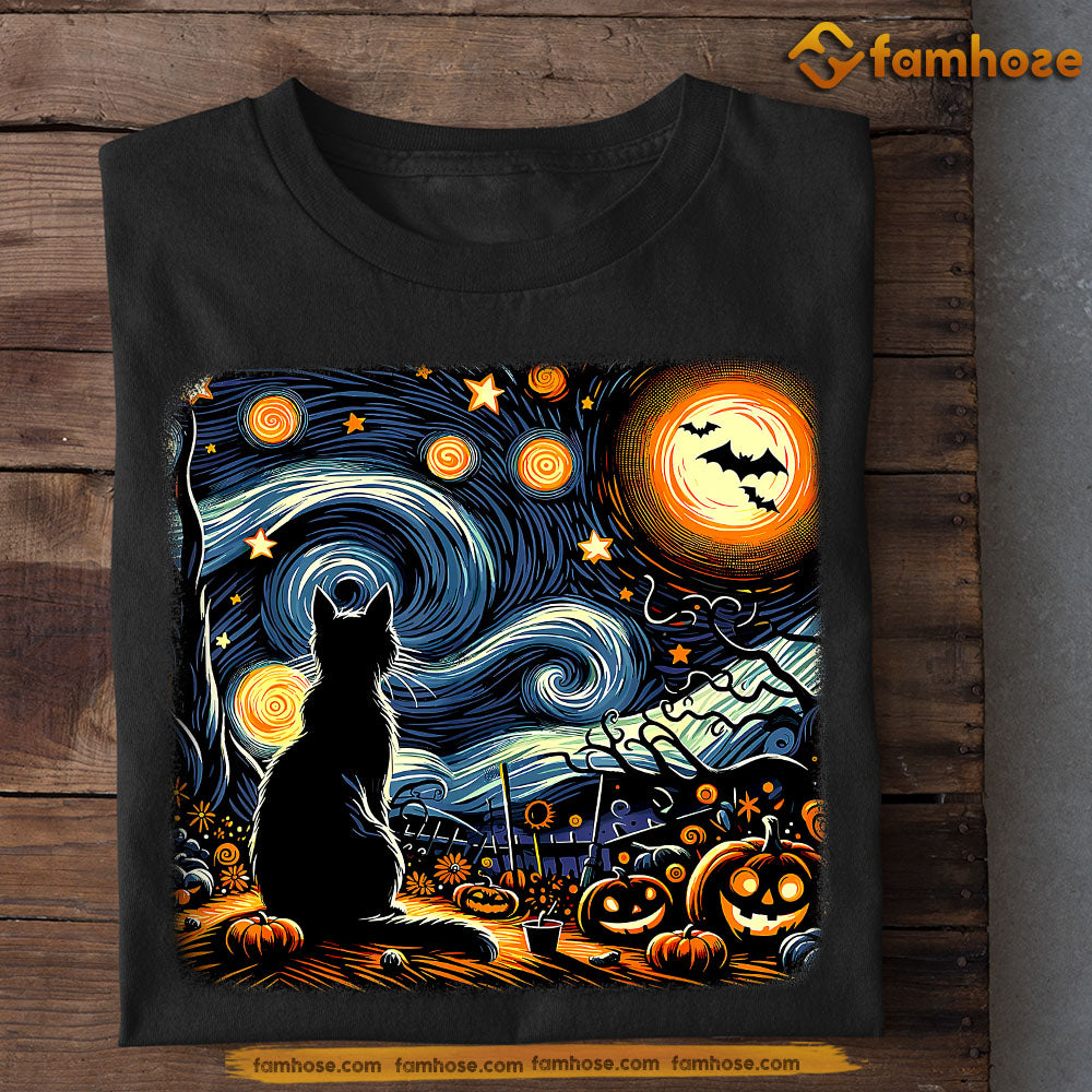 Halloween Cat T-shirt, Cat Under Moon, Spooky Season Gift For Cat Lovers, Cat Owners Tee