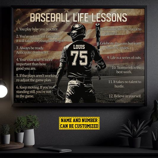 Baseball Life Lessons, Personalized Motivational Baseball Boy USA Flag Canvas Painting, Inspirational Quotes Wall Art Decor, Poster Gift For Baseball Lovers, Baseball Players