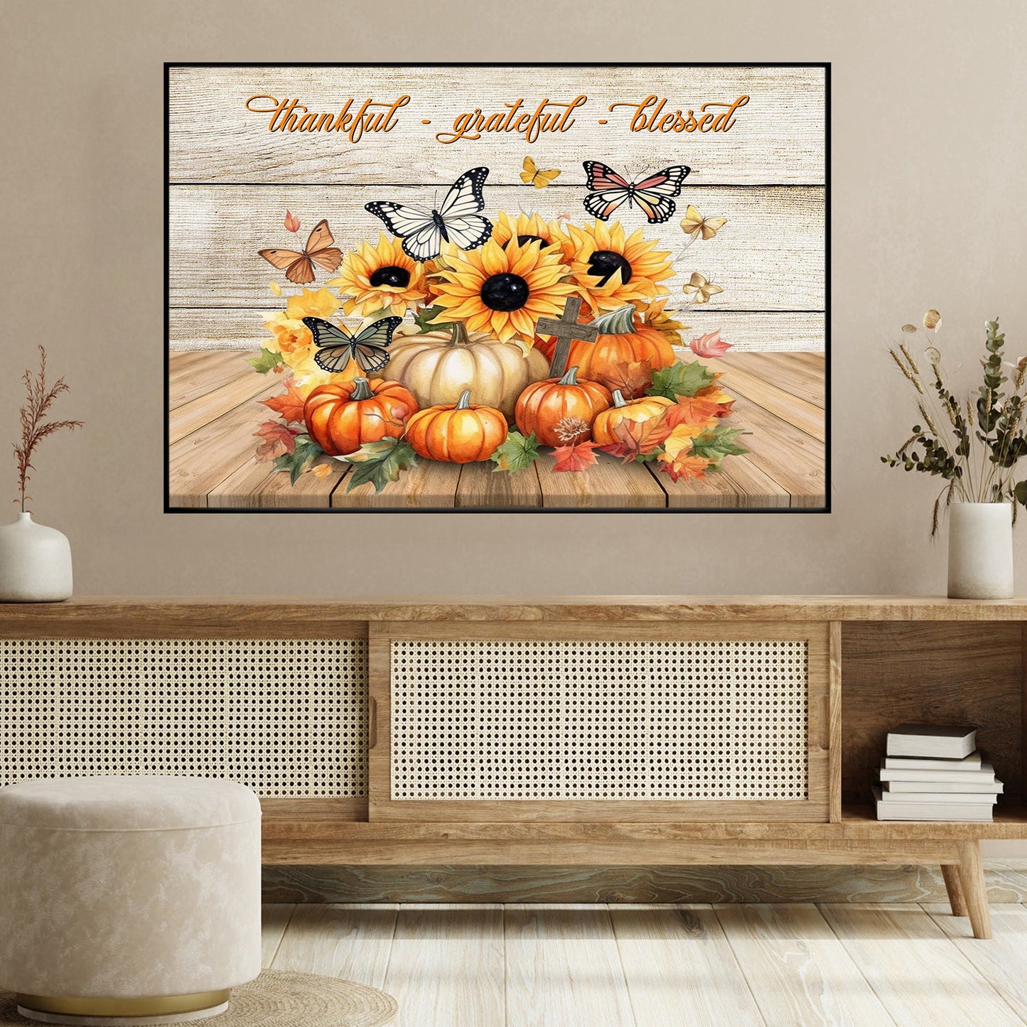 Thankful Grateful Blessed Pumpkins Butterfly Sunflowers Thanksgiving Canvas Painting, Wall Art Decor - Thanksgiving Poster Gift