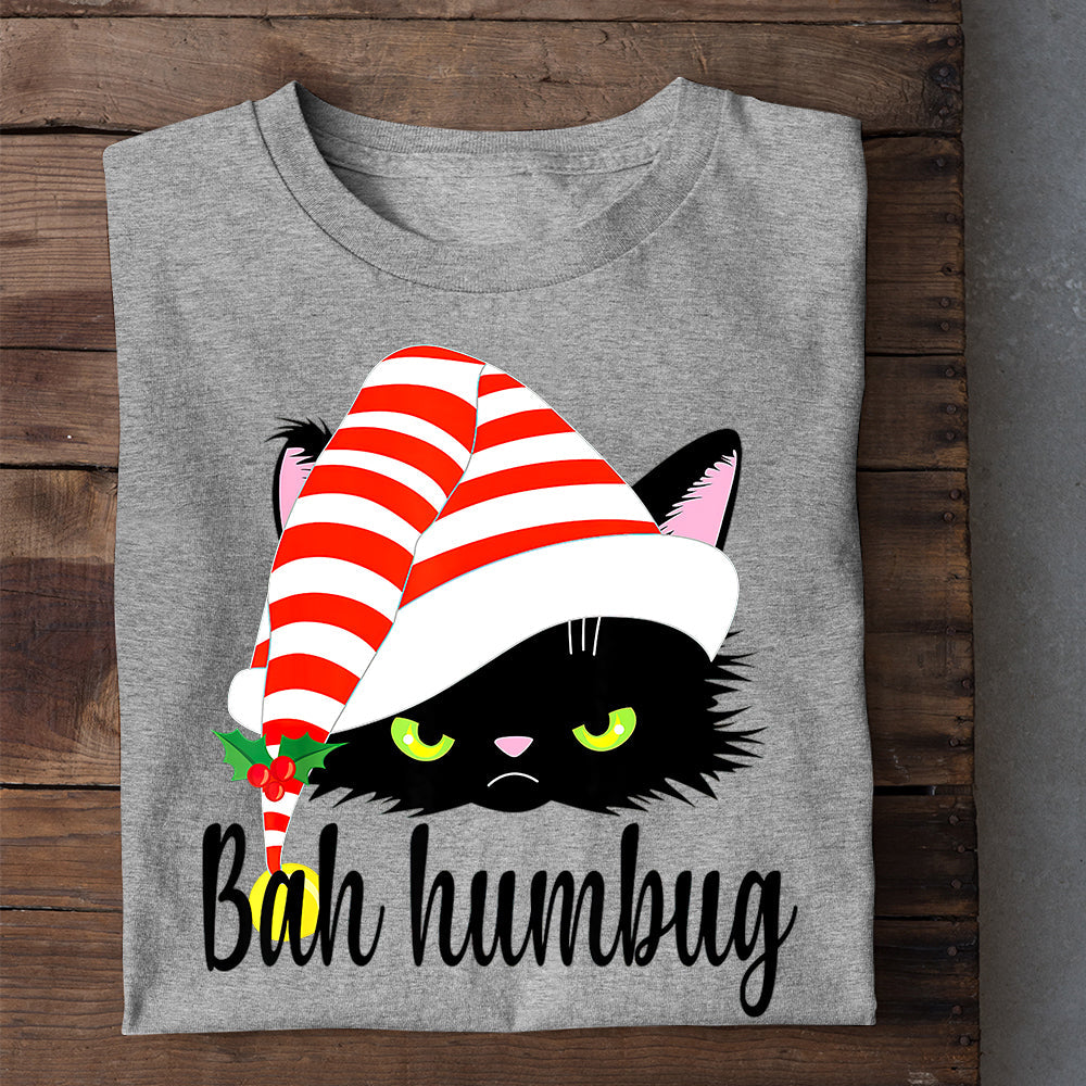 Black Cat Christmas T-shirt, Bah Humbug Cat Wearing Hat, Gift For Cat Lovers, Cat Tees, Cat Owners