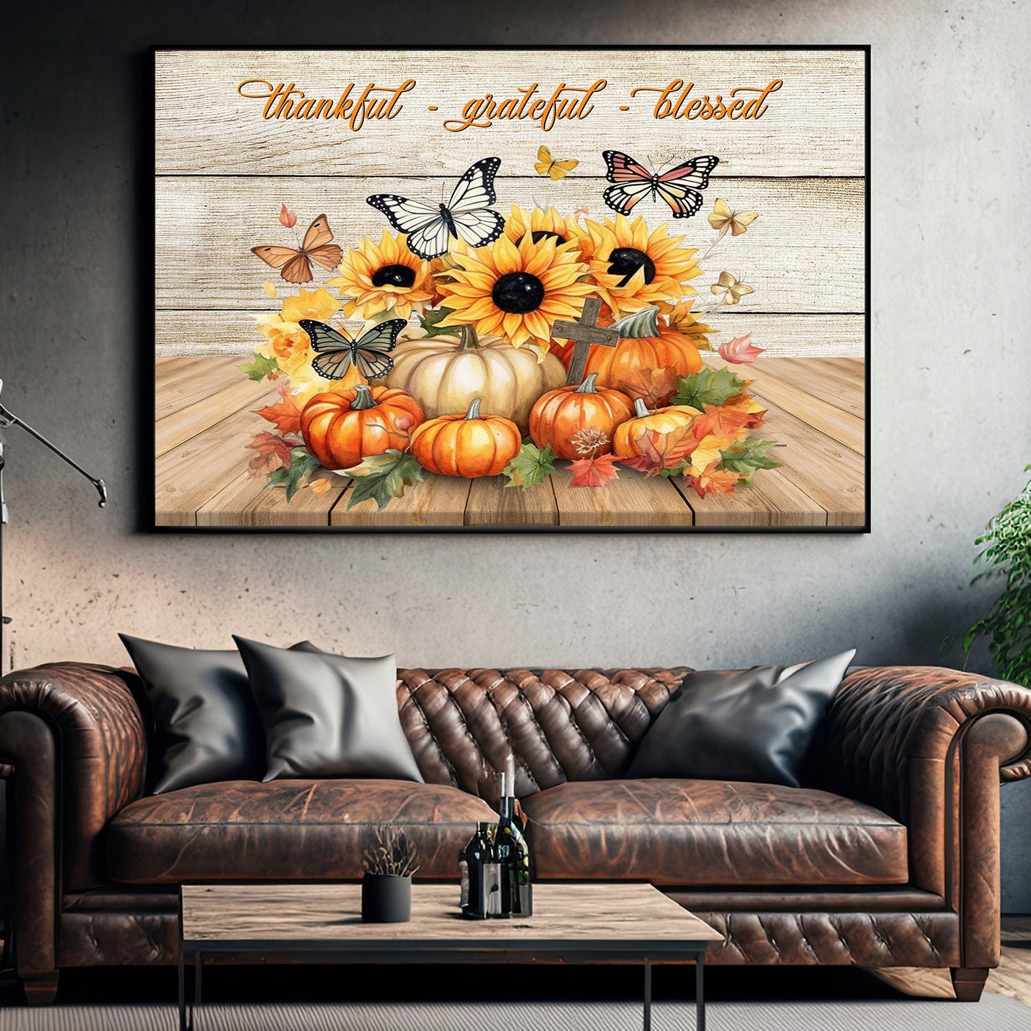 Thankful Grateful Blessed Pumpkins Butterfly Sunflowers Thanksgiving Canvas Painting, Wall Art Decor - Thanksgiving Poster Gift