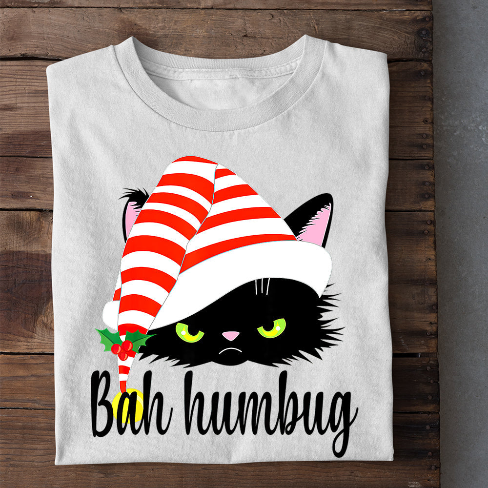 Black Cat Christmas T-shirt, Bah Humbug Cat Wearing Hat, Gift For Cat Lovers, Cat Tees, Cat Owners