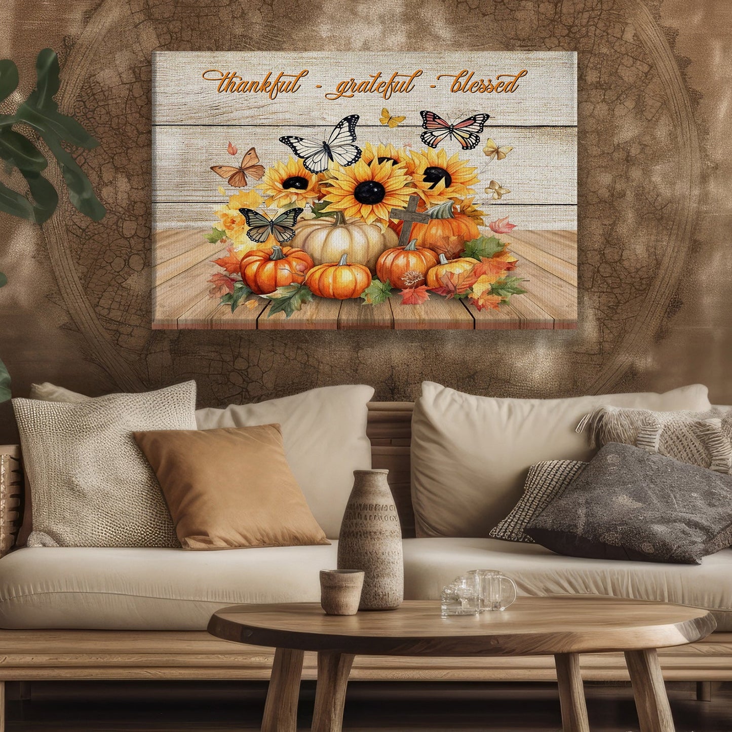 Thankful Grateful Blessed Pumpkins Butterfly Sunflowers Thanksgiving Canvas Painting, Wall Art Decor - Thanksgiving Poster Gift