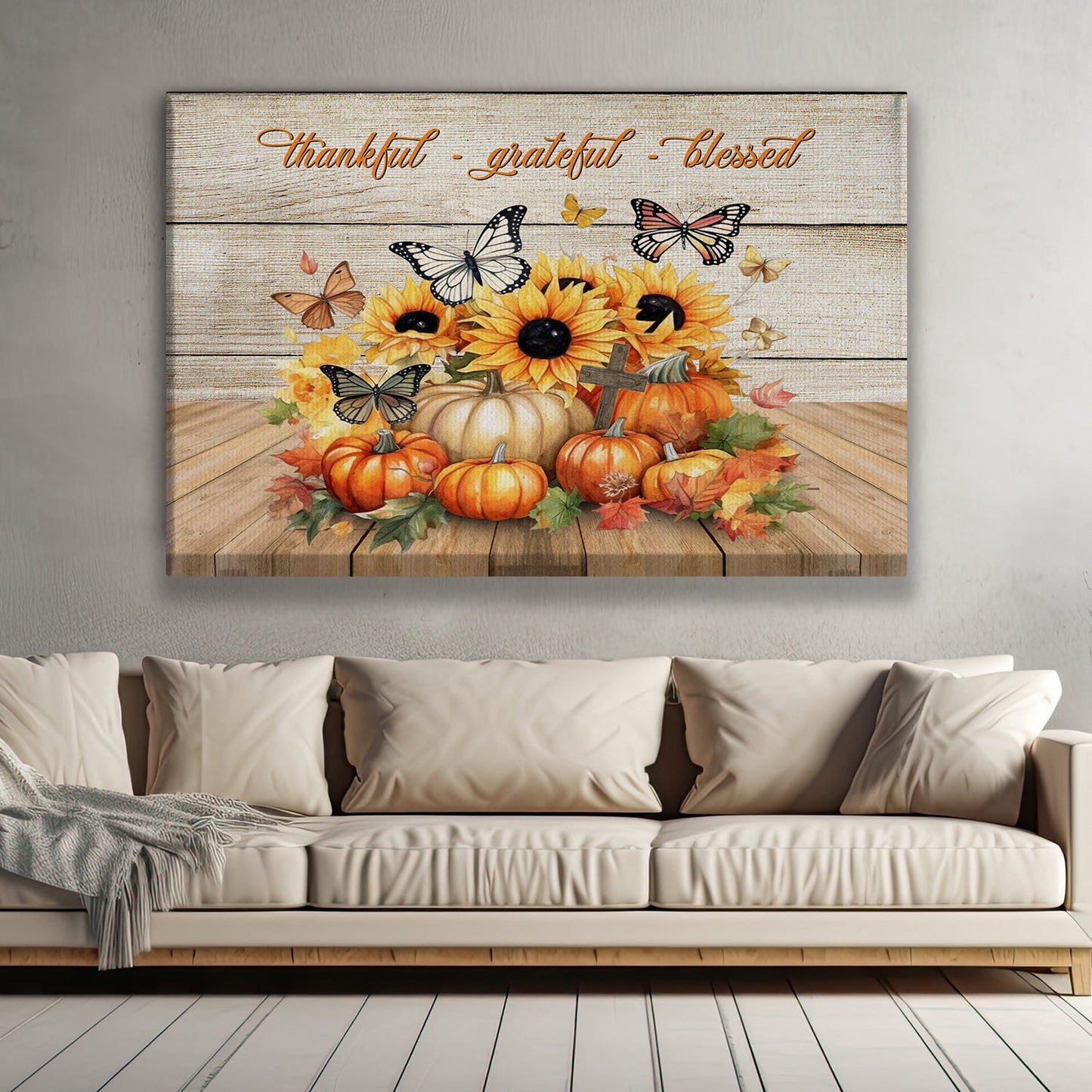 Thankful Grateful Blessed Pumpkins Butterfly Sunflowers Thanksgiving Canvas Painting, Wall Art Decor - Thanksgiving Poster Gift