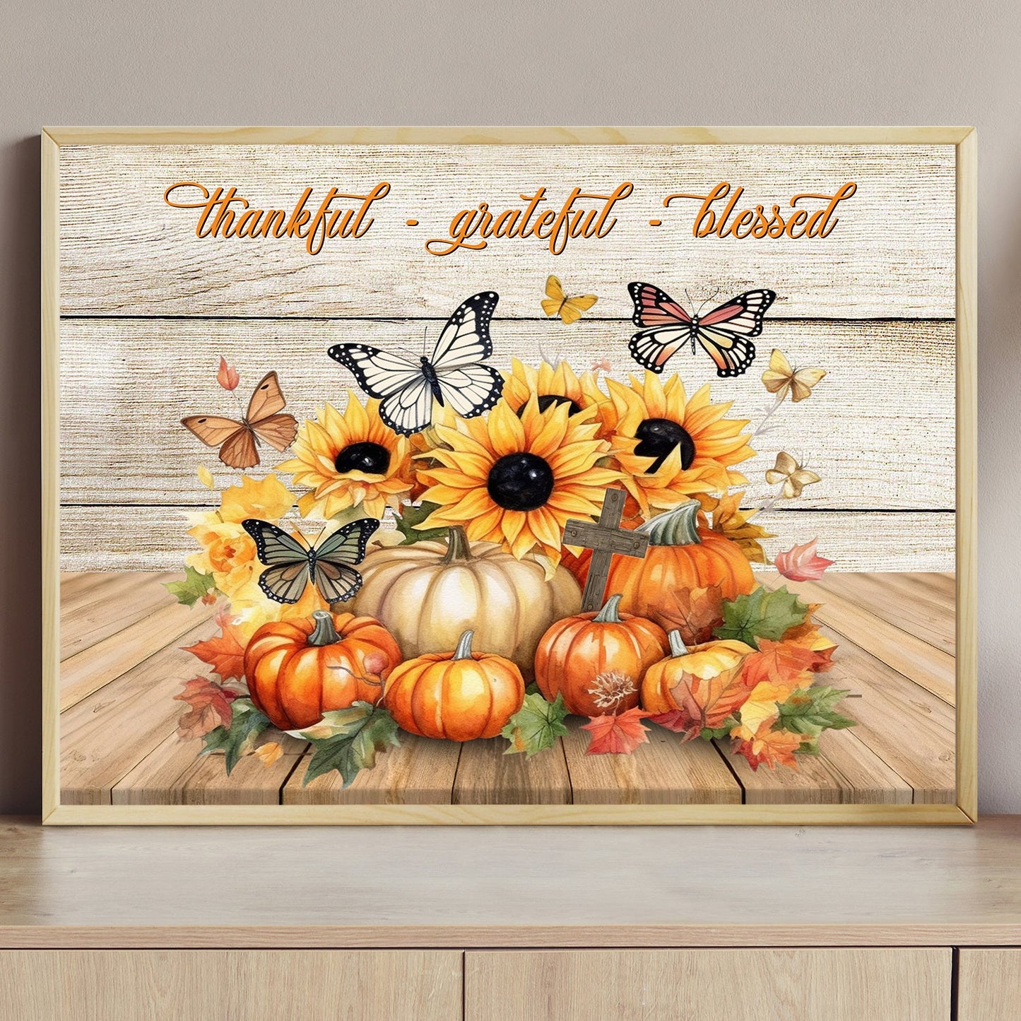 Thankful Grateful Blessed Pumpkins Butterfly Sunflowers Thanksgiving Canvas Painting, Wall Art Decor - Thanksgiving Poster Gift