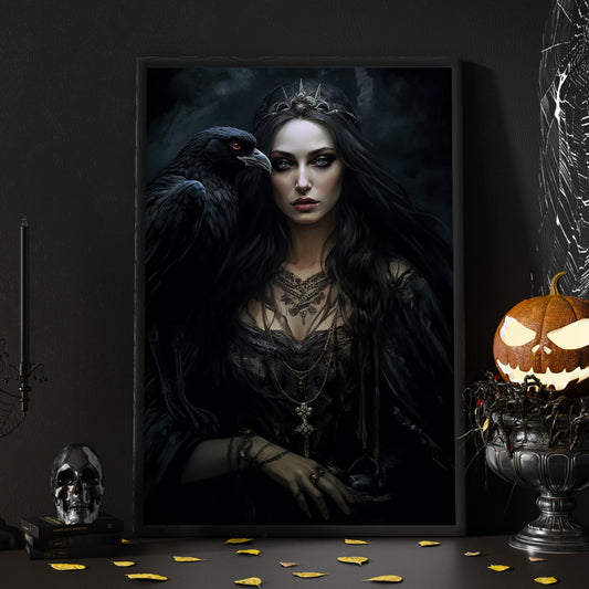 Dark Goddess And Raven, Spooky Canvas Painting, Goddess Wall Art Decor - Mythology Halloween Poster Gift