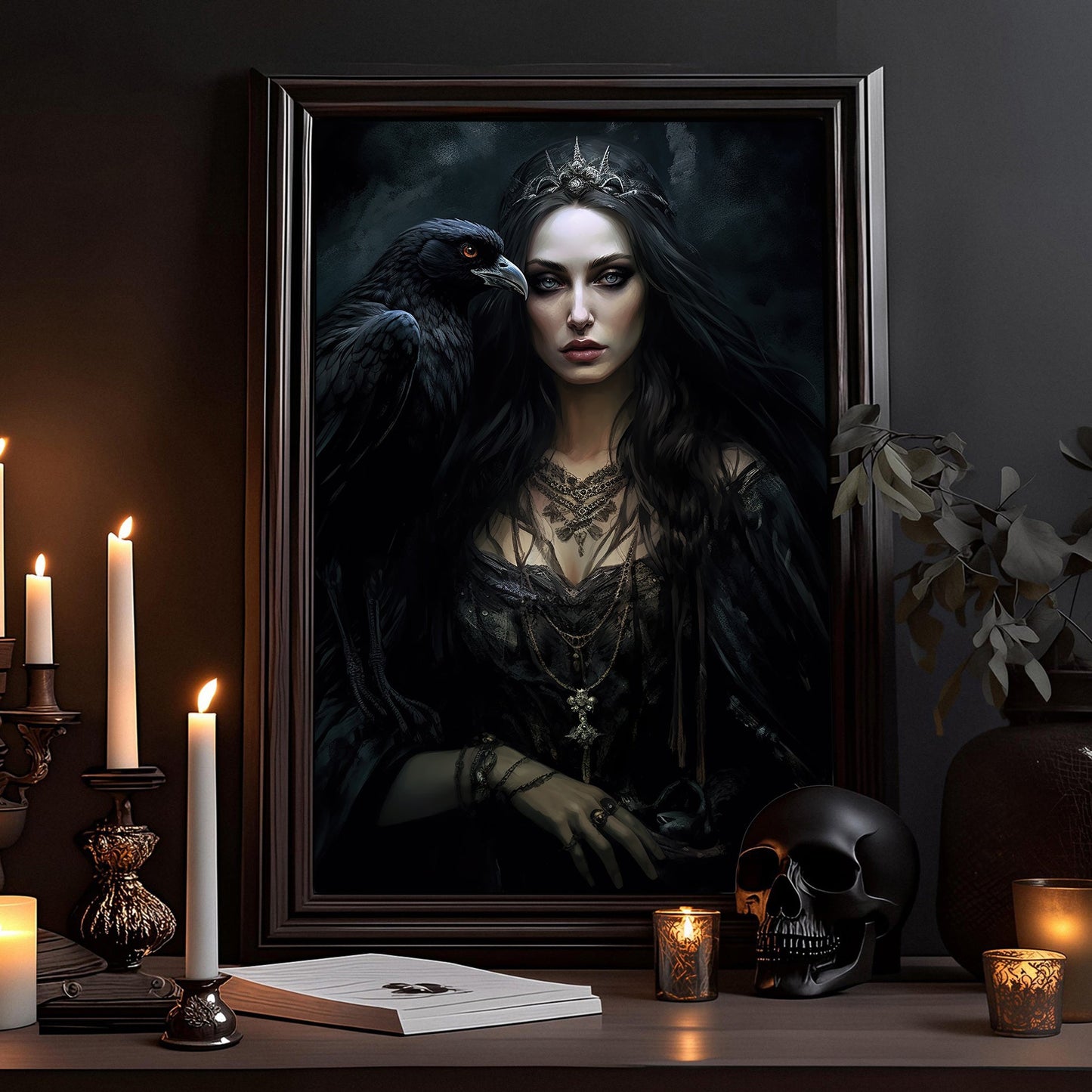 Dark Goddess And Raven, Spooky Canvas Painting, Goddess Wall Art Decor - Mythology Halloween Poster Gift