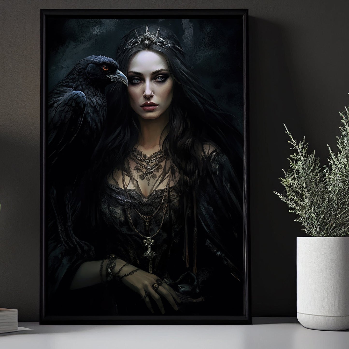 Dark Goddess And Raven, Spooky Canvas Painting, Goddess Wall Art Decor - Mythology Halloween Poster Gift