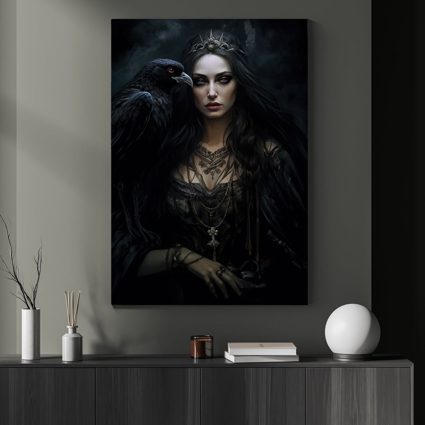 Dark Goddess And Raven, Spooky Canvas Painting, Goddess Wall Art Decor - Mythology Halloween Poster Gift