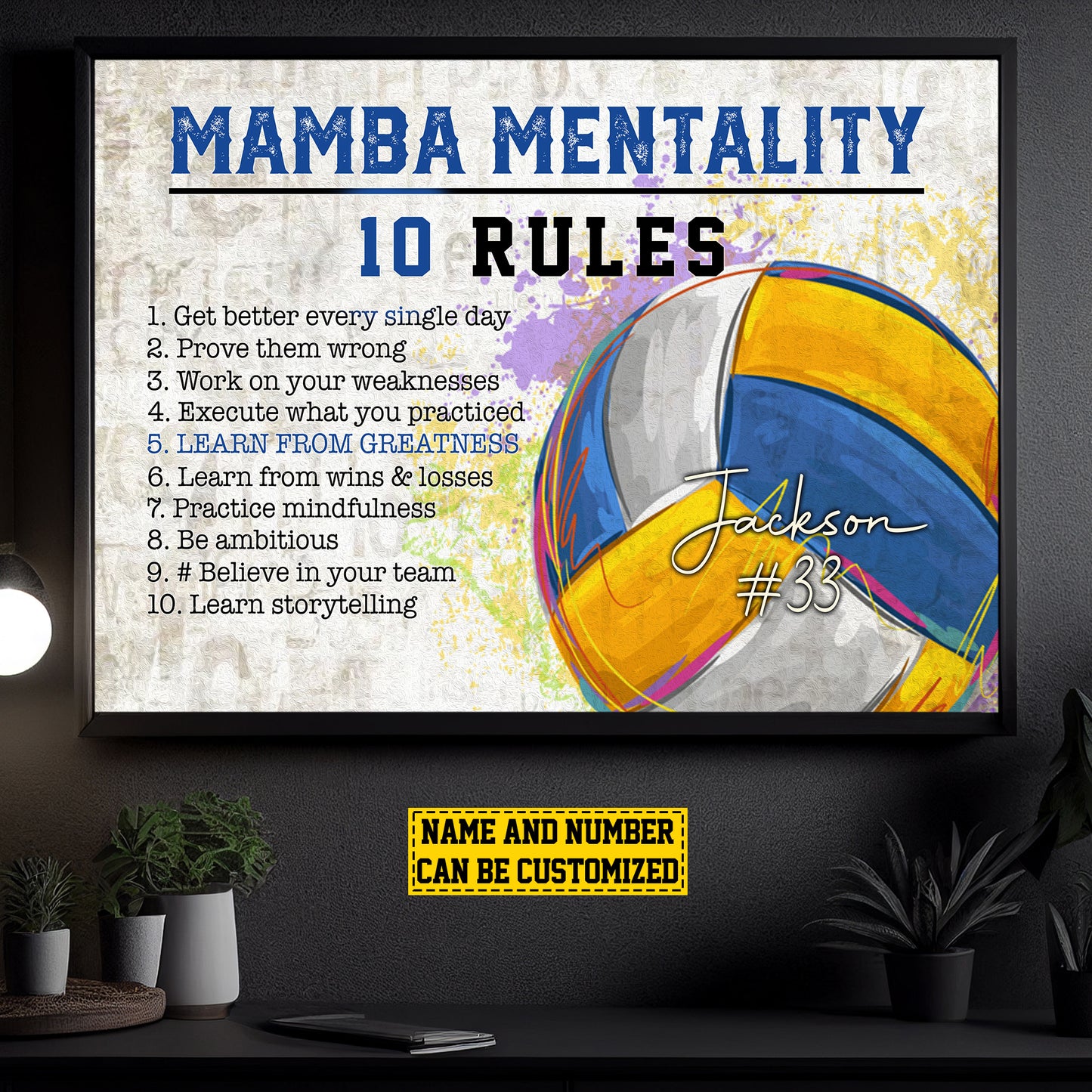 Personalized Motivational Volleyball Canvas Painting, Mamba Mentality 10 Rules, Inspirational Quotes Wall Art Decor, Poster Gift For Volleyball Lovers, Volleyball Players