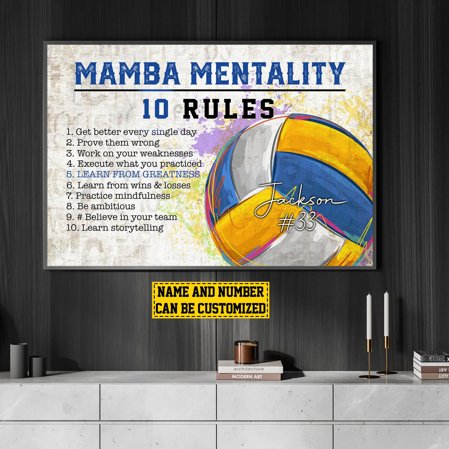 Personalized Motivational Volleyball Canvas Painting, Mamba Mentality 10 Rules, Inspirational Quotes Wall Art Decor, Poster Gift For Volleyball Lovers, Volleyball Players