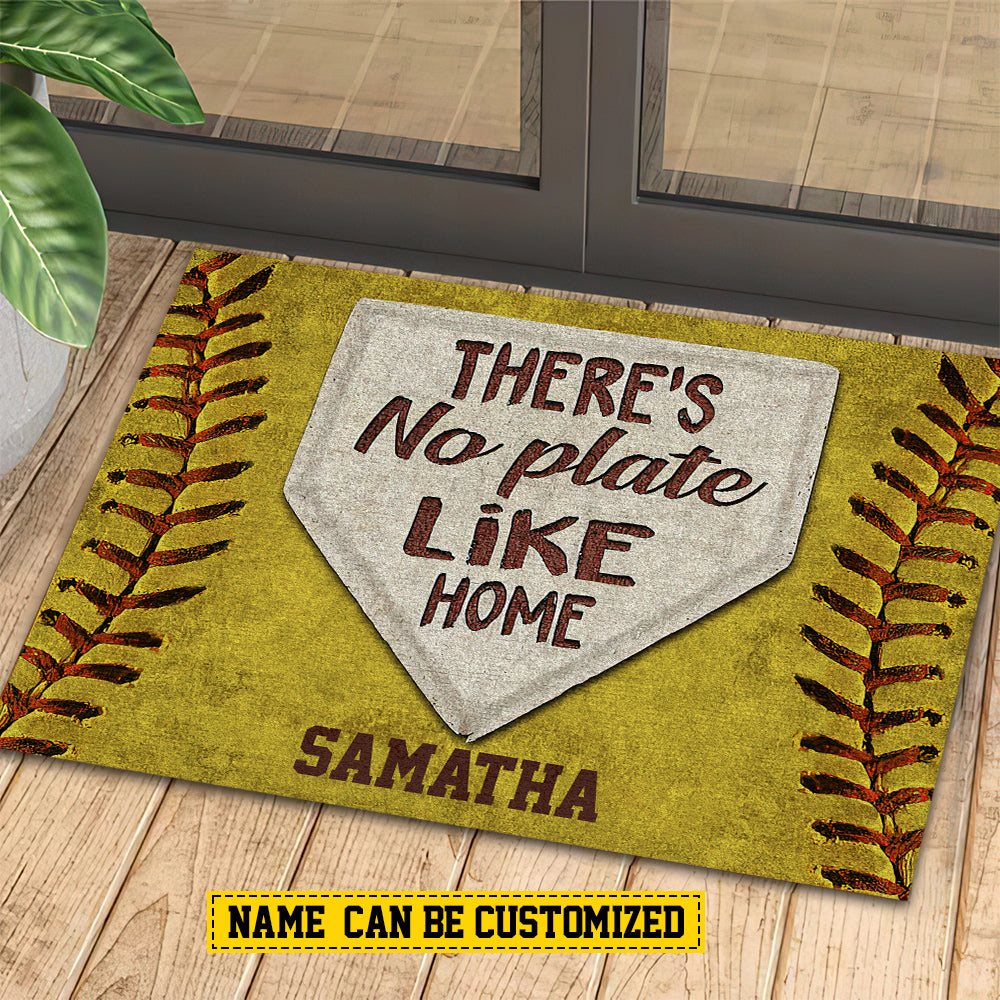 Vintage Softball Doormat, There's No Plate Like Home, Personalized Softball Doormat For Home Decor Housewarming Gift, Welcome Mat Gift For Softball Lovers