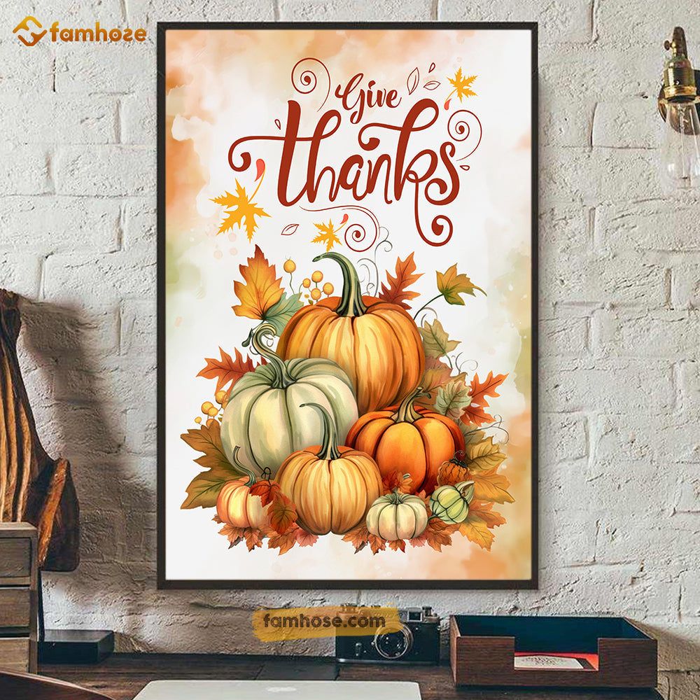 Givethanks With Pumpkins Autumn Leaves, Thanksgiving Canvas Painting, Wall Art Decor - Thanksgiving Poster Gift