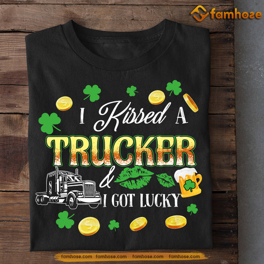 Funny St Patrick's Day Trucker T-shirt, Kissed A Trucker Got Lucky, Patricks Day Gift For Trucker Lovers, Trucker Tees